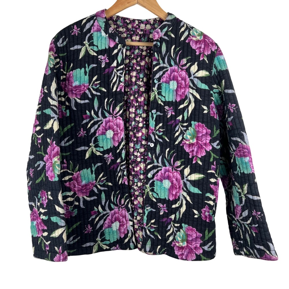 Handmade Vintage Style Reversible Quilted Floral Jacket Black‎ Purple Teal